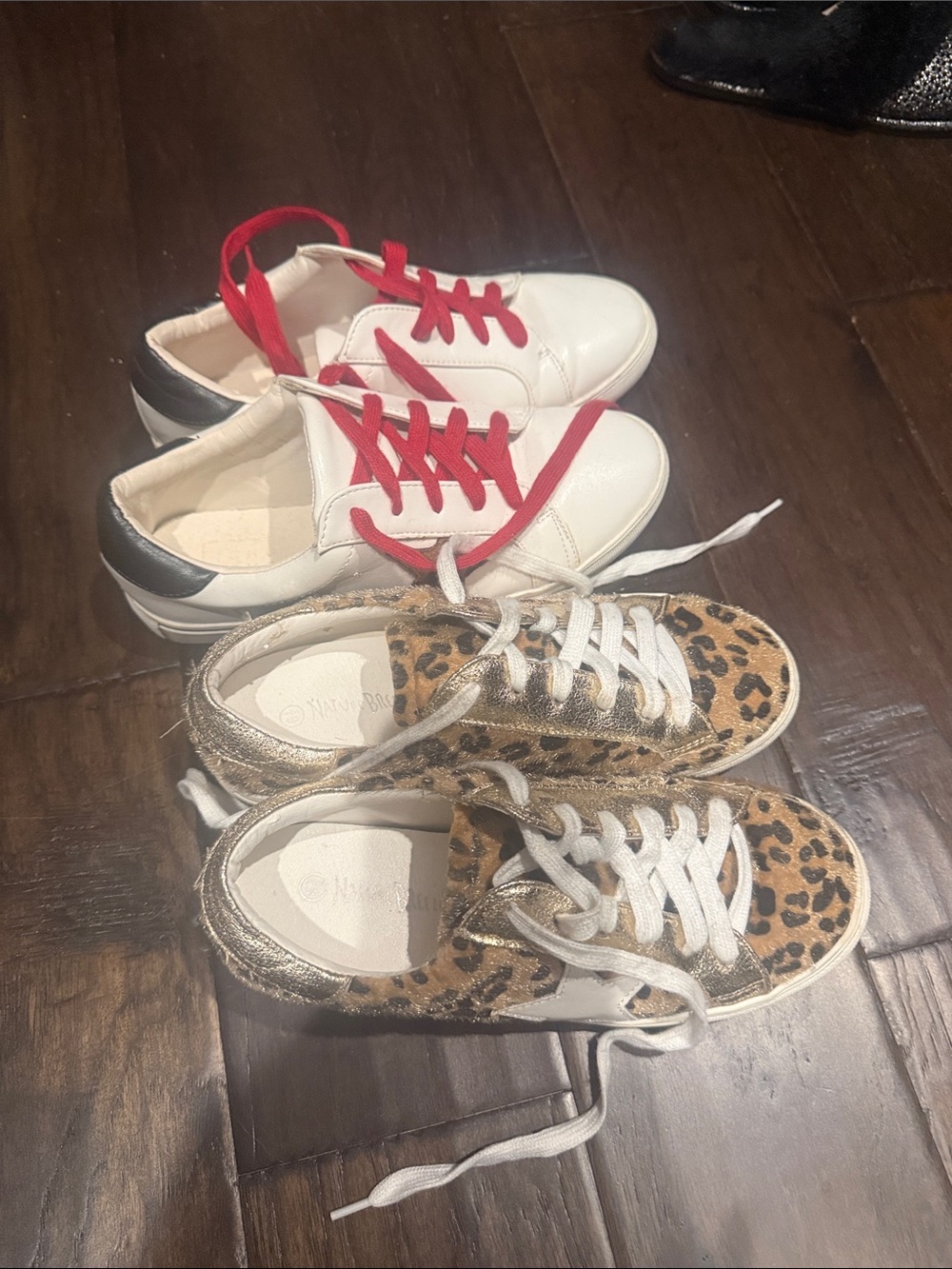 Leopard Print Sneakers with White Laces + White Sneakers with Red Laces.